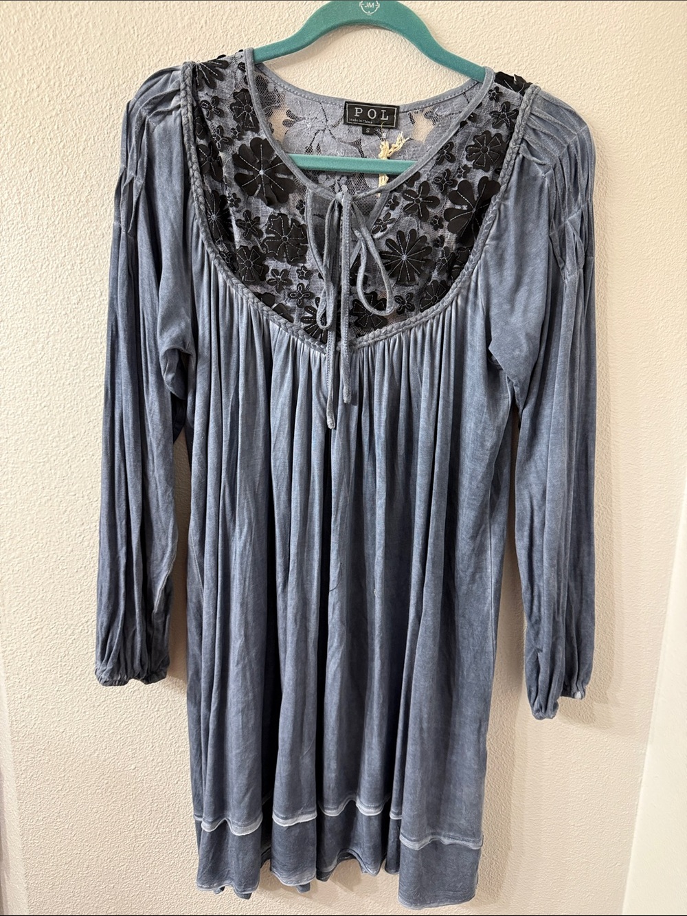 POL Boho Lace Yoke Tunic Top Flowy Buttery Soft Stretch Cottagecore Blouse